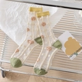 Sheer white mesh crew socks with brown floral embroidery and yellow ribbed cuffs - One Size / Plaid Floral