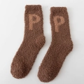 Thick coffee brown coral fleece crew socks with letter P jacquard knitting - One Size / Dark Brown