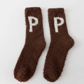 Thick coral fleece winter sock in dark coffee brown featuring white letter P embroidery - One Size / Coffee