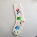 Calze a metà polpaccio in maglia crema con pois colorati e toppa decorativa stile coreano - Taglia Unica (Artigianato a Doppio Ago di Alta Gamma) / Bianco Sporco