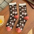 Calcetines media pierna marrones con flores de cerezo y talón naranja - Talla única / Flor de Ciruelo (Cerezo)