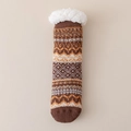 Thick lamb wool socks with Nordic geometric pattern and non-slip silicone sole - One Size / Coffee
