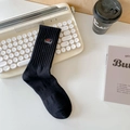 Black cotton ribbed mid-calf socks with red and white NO FAKETR embroidery detail - One Size / NO Black