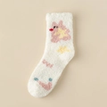 Thick coral fleece socks featuring cute pink cartoon cat and yellow star patterns - One Size / White