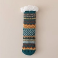 Thick green ethnic knit socks with thermal sherpa lining and anti-slip silicone grip - One Size / Dark Green