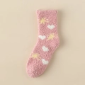 Pink coral fleece slipper sock with cute white hearts and yellow star patterns - One Size / Pink
