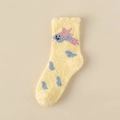 Thick coral fleece socks in yellow with cute cartoon dinosaur and blue polka dots - One Size / Light Yellow