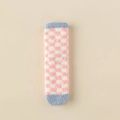Pink and white checkered coral fleece socks with light blue trim for winter warmth - One Size / Blue