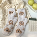 Creamy white coral fleece socks featuring cute brown bear jacquard for winter warmth - One Size / Khaki