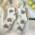 Warm milk white coral fleece socks featuring brown bear pattern for winter comfort - One Size / Milk Yellow