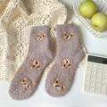 Plush coral fleece mid-calf socks in dusty purple featuring cute bear patterns - One Size / Milk Coffee