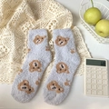 Thick light blue coral fleece socks with cute brown bear patterns for winter - One Size / Light Gray