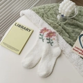 White coral fleece socks with pink flower embroidery for cozy winter home wear - One Size / White