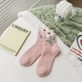 Pink coral fleece socks with white floral pattern, thick winter warm socks for women - One Size / Pink