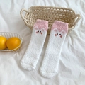 Thick coral fleece thermal socks in pink and white with cute 3D animal ear embroidery - One Size / White