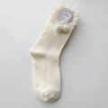 Calze a metà polpaccio a coste bianco sporco per bambini con ricamo a forma di gatto viola - Taglia unica / Crema