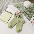 Soft light green coral fleece socks with pink flower embroidery for cozy winter home wear - One Size / Green