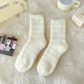 Plush coral fleece mid-calf socks with cream and white stripes for winter warmth - One Size / Yellow