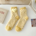 Yellow and white checkered coral fleece socks with cute plush heart detail for winter - One Size / Yellow