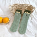 Thick light green coral fleece socks with dark green cuff and crown embroidery - One Size / Green