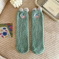 Grüne Korallenfleece-Socke mit Cartoon-Monster-Stickerei und flauschiger Textur - Einheitsgröße / Grün