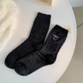 Fuzzy black mink fleece socks with pink Hello embroidery and smiley face detail - One Size / Black