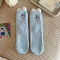 Thick light blue coral fleece socks with cute alien embroidery and white pompoms - One Size / Light Blue
