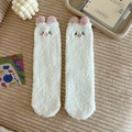 White coral fleece socks featuring cute cartoon animal face with 3D plush ears - One Size / White