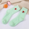 Thick warm coral fleece socks in light green with cute red watermelon embroidery - One Size / Light Green
