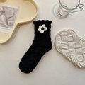 Cute black coral fleece crew socks with white flower decoration for winter comfort - One Size / Black Floral