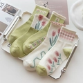 Mid-calf cotton socks set in green and cream with tulip floral embroidery details - One Size / Assorted Colors
