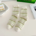 Fuzzy green and white striped mink velvet socks for home wear in thick plush material - One Size / Green Stripes