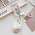 Cream crew socks featuring pink tulip patterns and ruffled lettuce edge trim details - One Size / Lettuce Edge Tulip