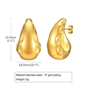 Detail view of large hammered gold teardrop earrings with dimensions and 18K plating info - Gold