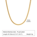 Dettaglio della collana a maglia in acciaio inossidabile dorato 2mm lunga 45-50 cm - Collana, Oro 45+5cm