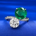 Anello in argento S925 con smeraldo rotondo verde da 10 mm e diamante bianco a doppia pietra - US 5 / Anello Verde E Bianco (R799)