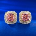 Ohrstecker mit rosa Edelstein im Kissenschliff und doppeltem Diamant-Halo in Silber Gold - 925er Silber / Padparadscha-Rosa