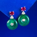 925 silver gold-plated earrings with green chalcedony rings and pink gemstones - 925 Silver / Green (E476)