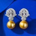 Orecchini in argento 925 con perle dorate da 11mm e dettagli in zircone lucido - Argento 925 / Oro (E491)