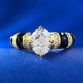 Luxury oval white gemstone ring in gold finish with black enamel and diamond accents - US 5 / Gold Black (R885 White Rhinestone)