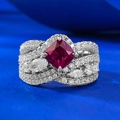 S925 silver ring with cushion-cut red ruby stone and halo setting on blue surface - US 5 / Pigeon Blood Red Ring