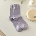 Pale purple ribbed mid-calf cotton socks with minimalist side label decoration - One Size / Milky Purple