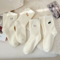 Thick cream fuzzy socks with cute animal embroidery for winter indoor comfort - Assorted Colors