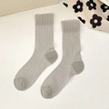 Light gray ribbed crew socks with dark gray toe stitching and scalloped lace trim - One Size / Gray