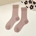 Japanese style lotus pink ribbed knit crew socks with sweet lace trim detail - One Size / Iris Pink