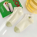Chaussettes femme coton crème et vert avec broderie mignonne et bordure ondulée - Taille unique / Blanc avec orteil vert