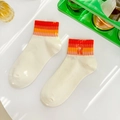 Cream low-cut cotton sock featuring vibrant rainbow stripes and orange R letter embroidery - One Size / Red