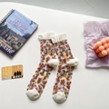 Floral sheer crew socks with purple and orange patterns and white cotton finish - One Size / White