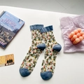 Floral sheer crew socks with blue trim and delicate colorful flower pattern for women - One Size / Blue