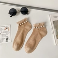 Beige low-cut knit socks with elegant pearl embellishments and lace trim - One Size / Deep Skin